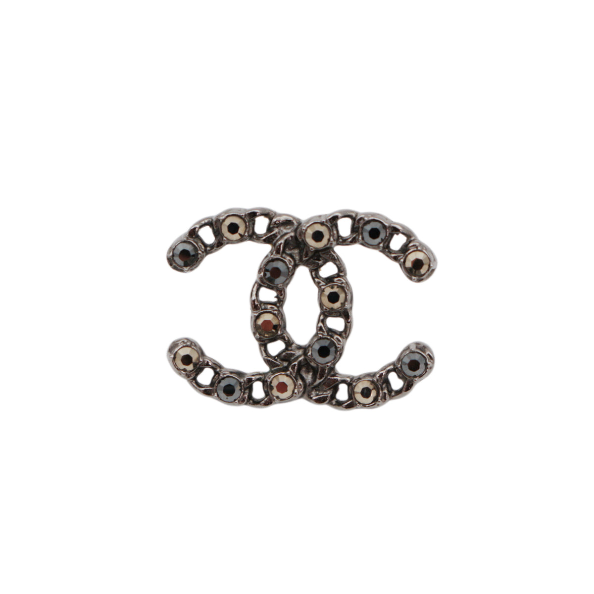 CHANEL F20P Silver Tone Chain Link Rhinestone Double CC Pierced Earrings [Used]