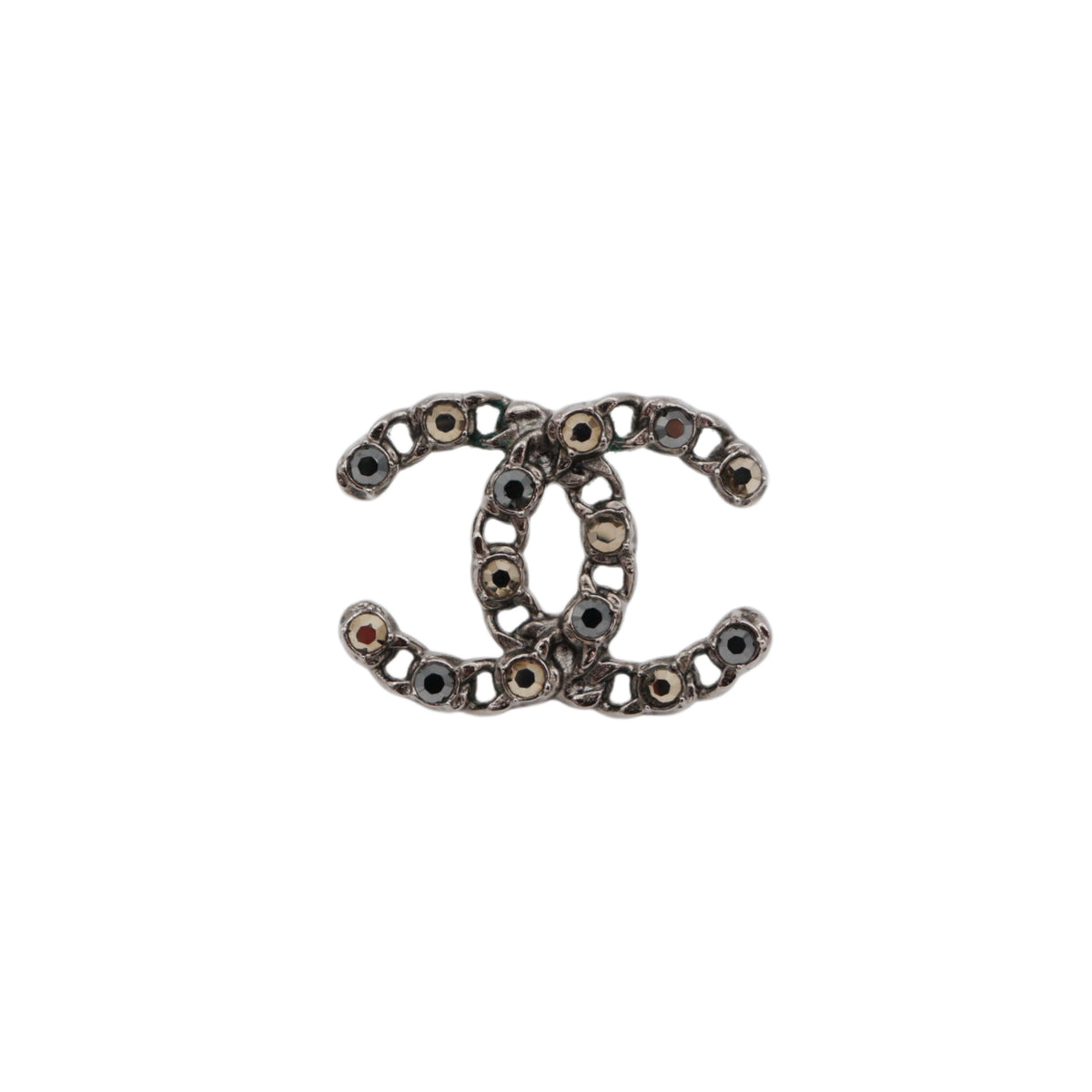 CHANEL F20P Silver Tone Chain Link Rhinestone Double CC Pierced Earrings [Used]