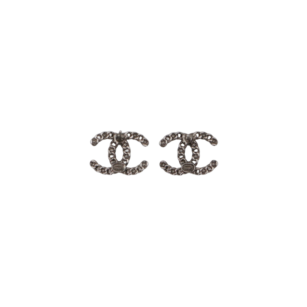 CHANEL F20P Silver Tone Chain Link Rhinestone Double CC Pierced Earrings [Used]