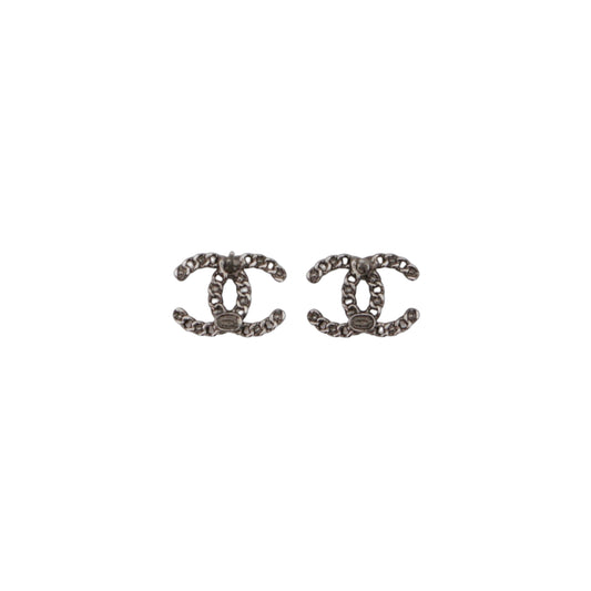 CHANEL F20P Silver Tone Chain Link Rhinestone Double CC Pierced Earrings [Used]