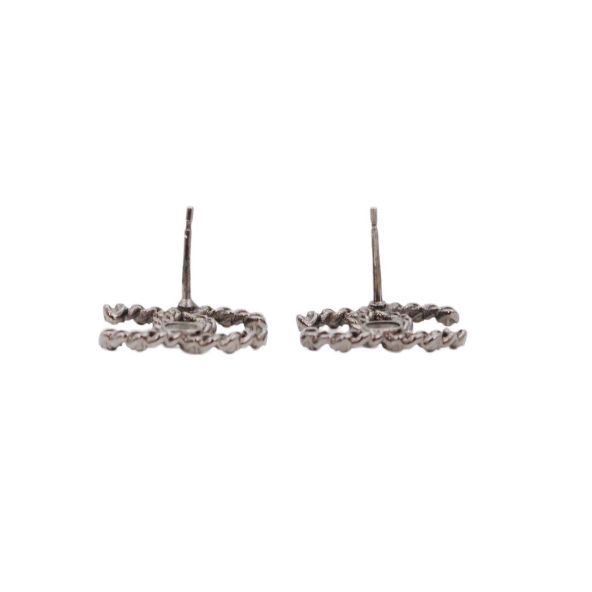 CHANEL F20P Silver Tone Chain Link Rhinestone Double CC Pierced Earrings [Used]