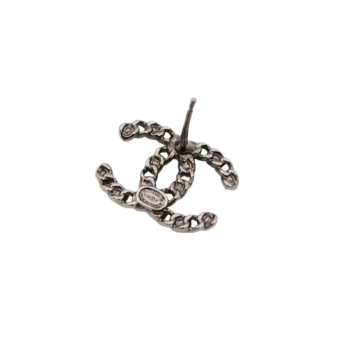 CHANEL F20P Silver Tone Chain Link Rhinestone Double CC Pierced Earrings [Used]