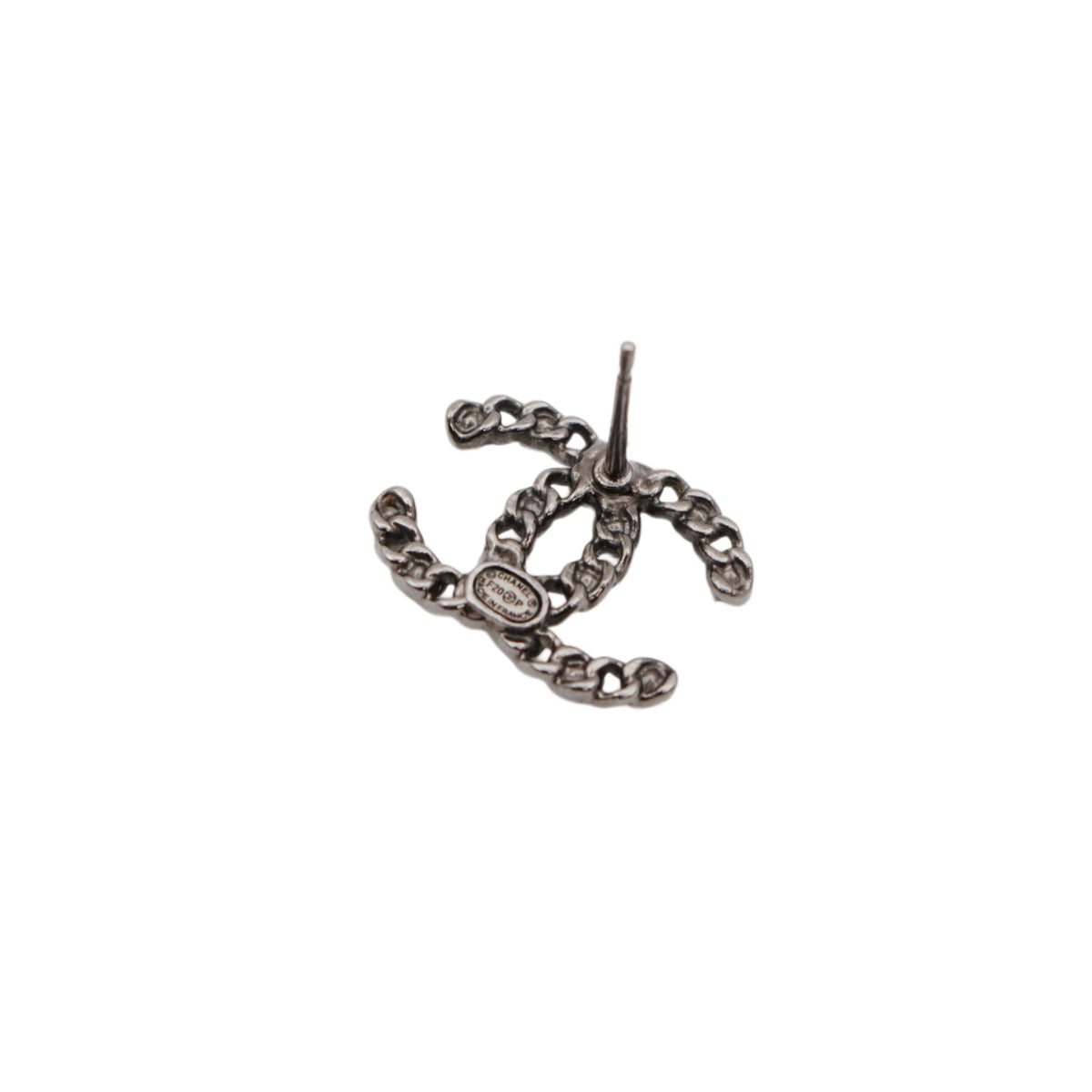 CHANEL F20P Silver Tone Chain Link Rhinestone Double CC Pierced Earrings [Used]