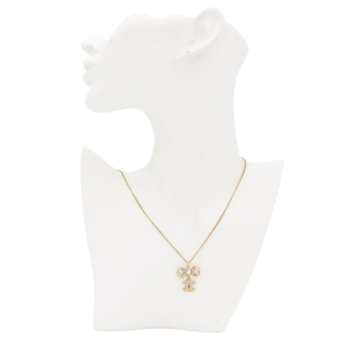 CHANEL B14P Gold Tone Rhinestone Bow Double CC Pendant Necklace [Used]