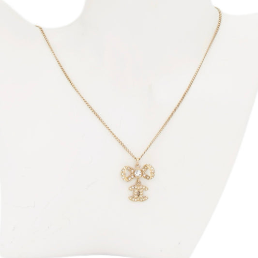 CHANEL B14P Gold Tone Rhinestone Bow Double CC Pendant Necklace [Used]