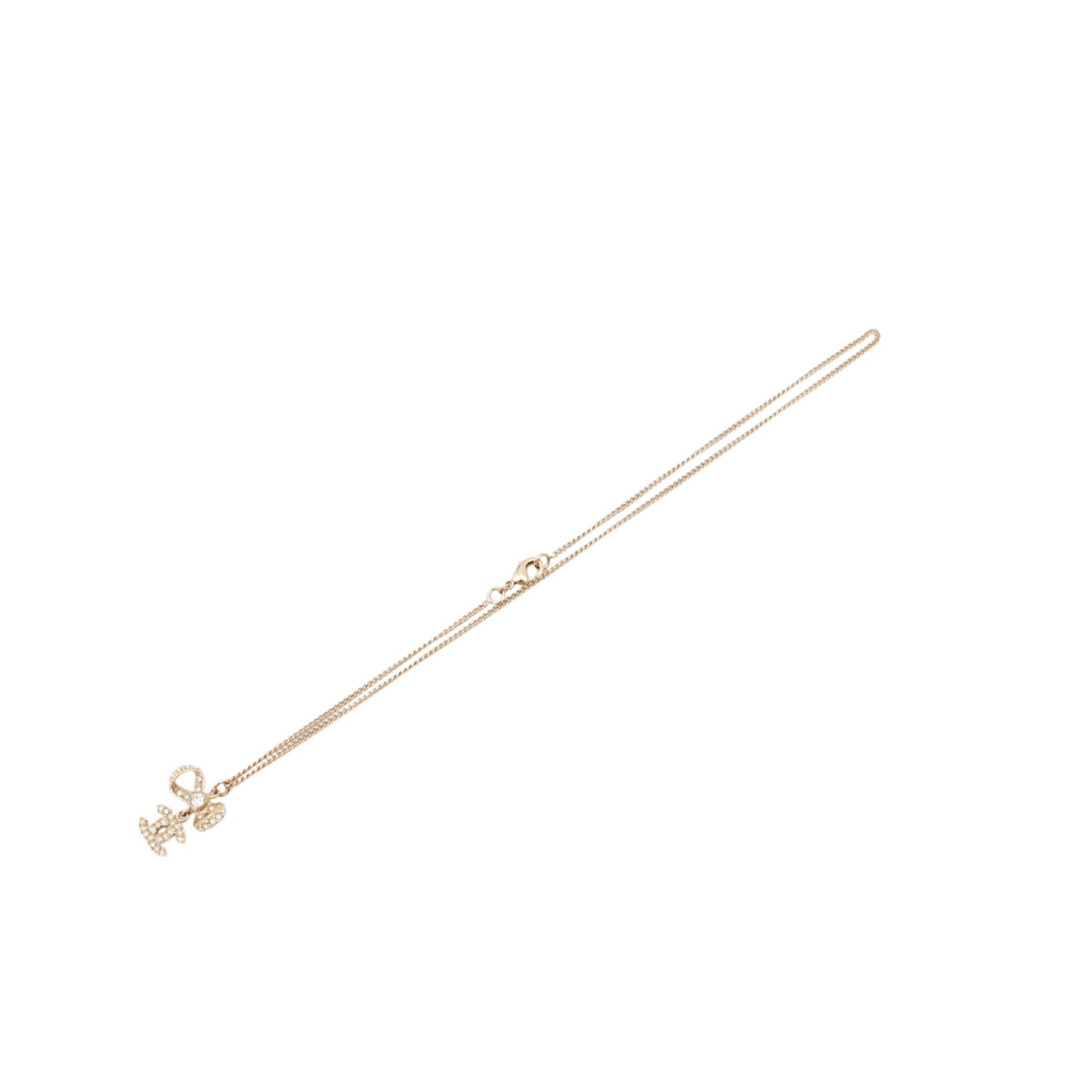 CHANEL B14P Gold Tone Rhinestone Bow Double CC Pendant Necklace [Used]