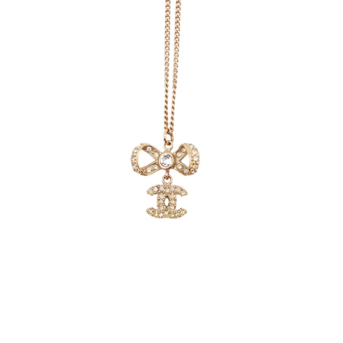CHANEL B14P Gold Tone Rhinestone Bow Double CC Pendant Necklace [Used]