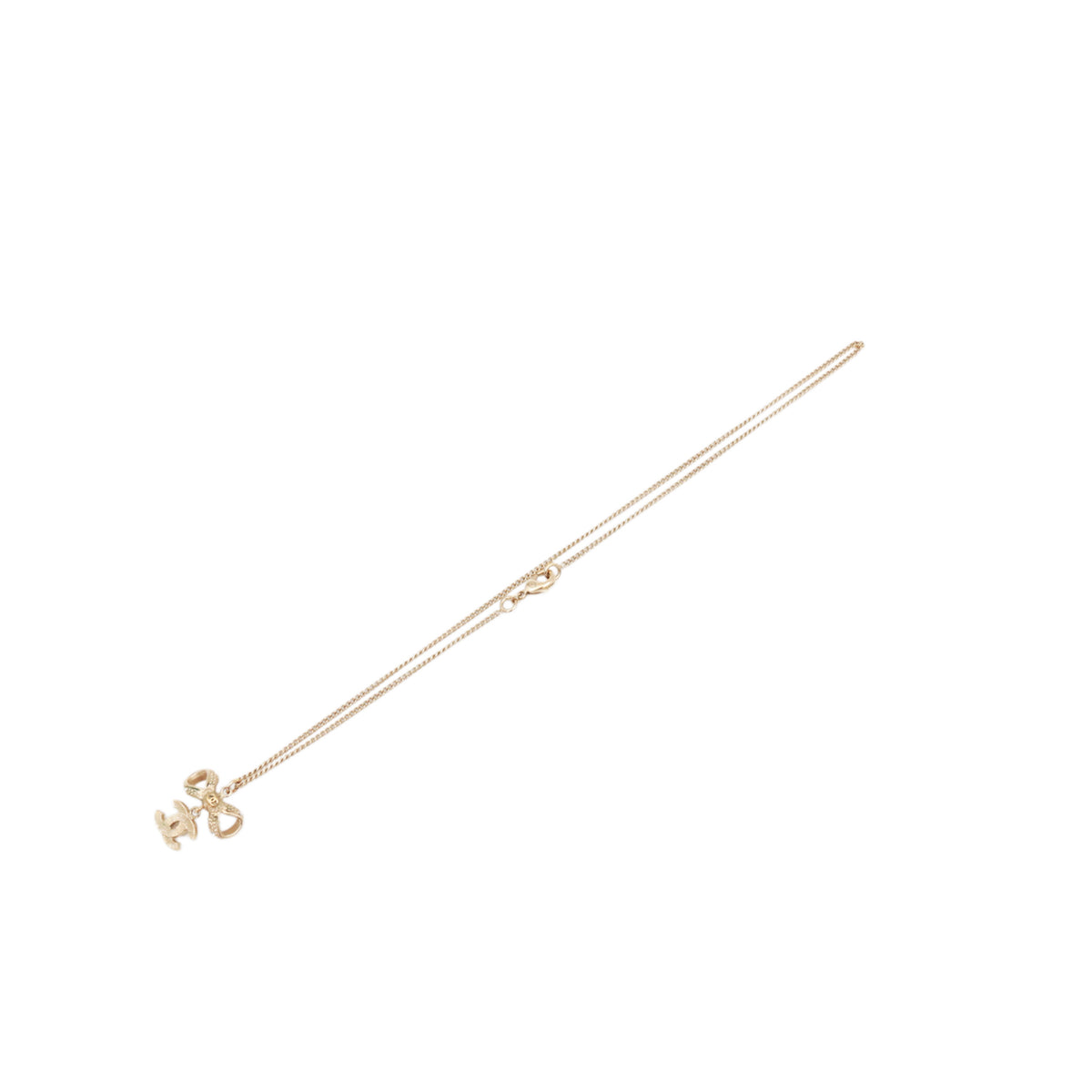 CHANEL B14P Gold Tone Rhinestone Bow Double CC Pendant Necklace [Used]