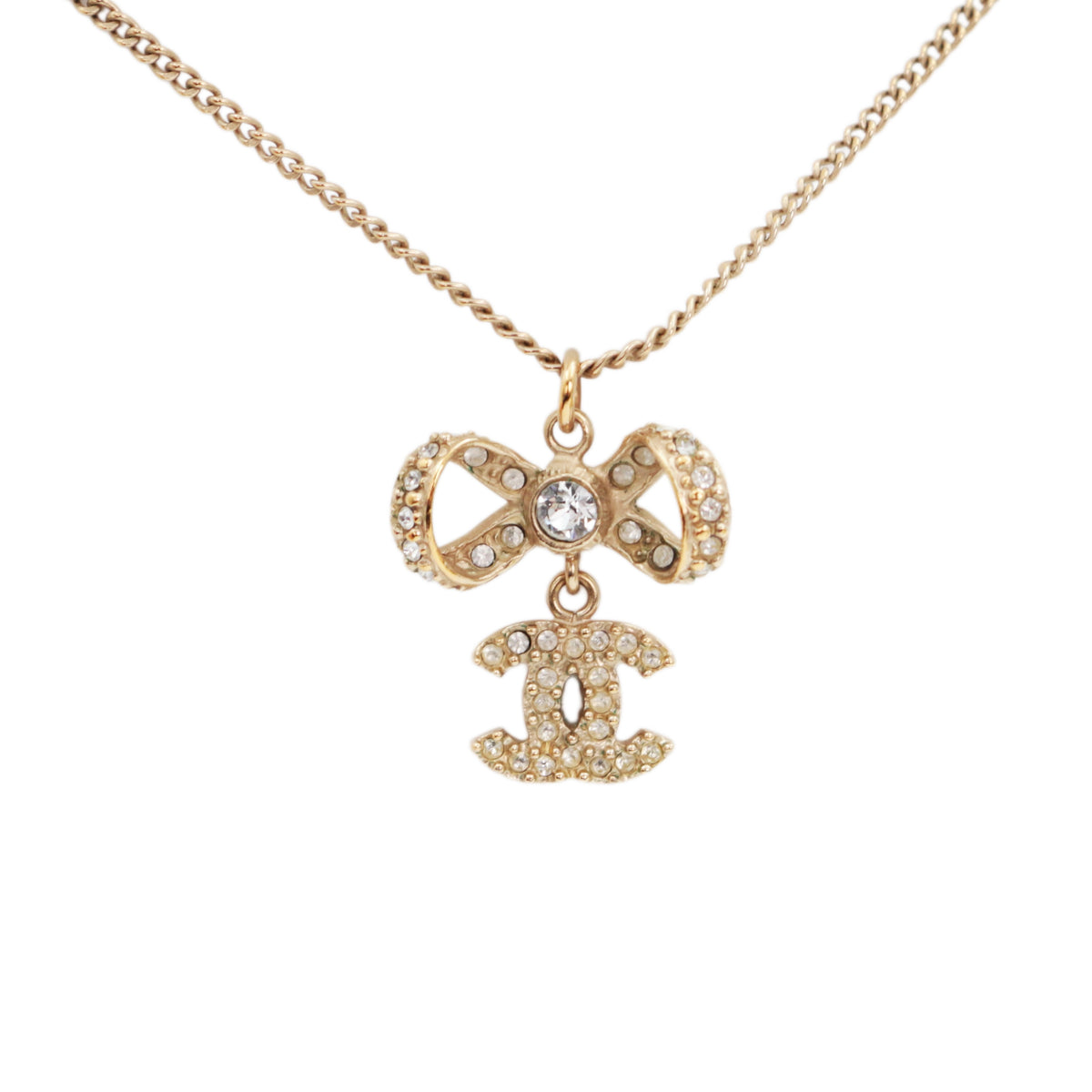 CHANEL B14P Gold Tone Rhinestone Bow Double CC Pendant Necklace [Used]