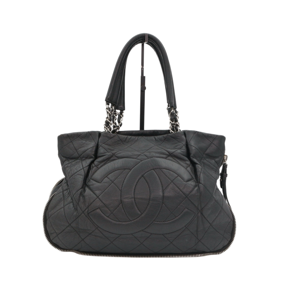 CHANEL Black Quilted Caviar Leather Large CC Zip Tote Bag [Used]