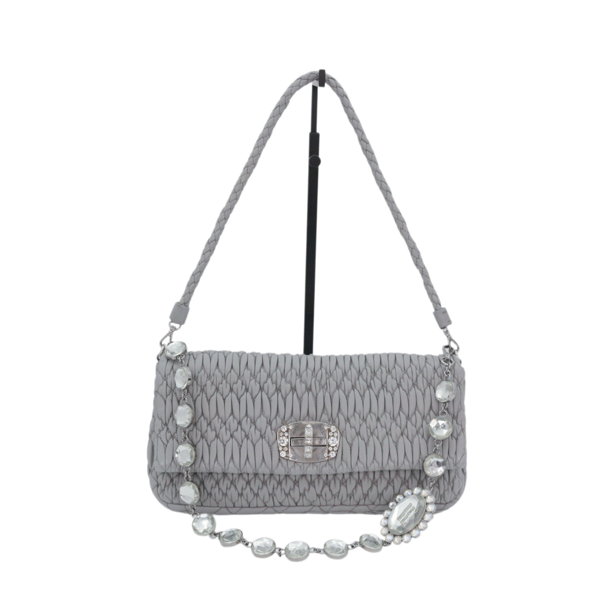 MIU MIU Grey Blue Matelassé Leather Crystal Embellished Shoulder Bag [Used]