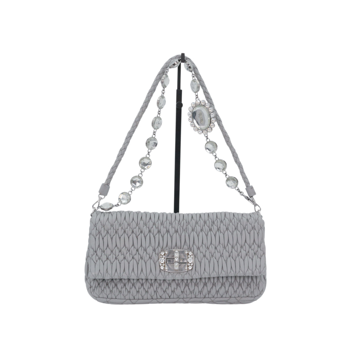 MIU MIU Grey Blue Matelassé Leather Crystal Embellished Shoulder Bag [Used]