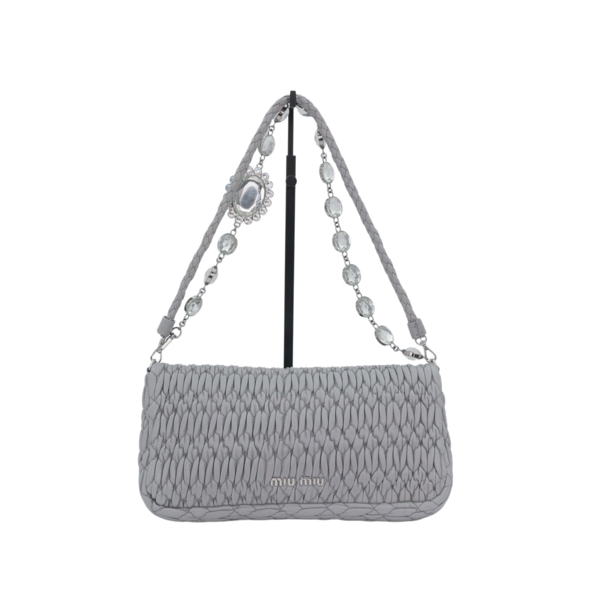 MIU MIU Grey Blue Matelassé Leather Crystal Embellished Shoulder Bag [Used]