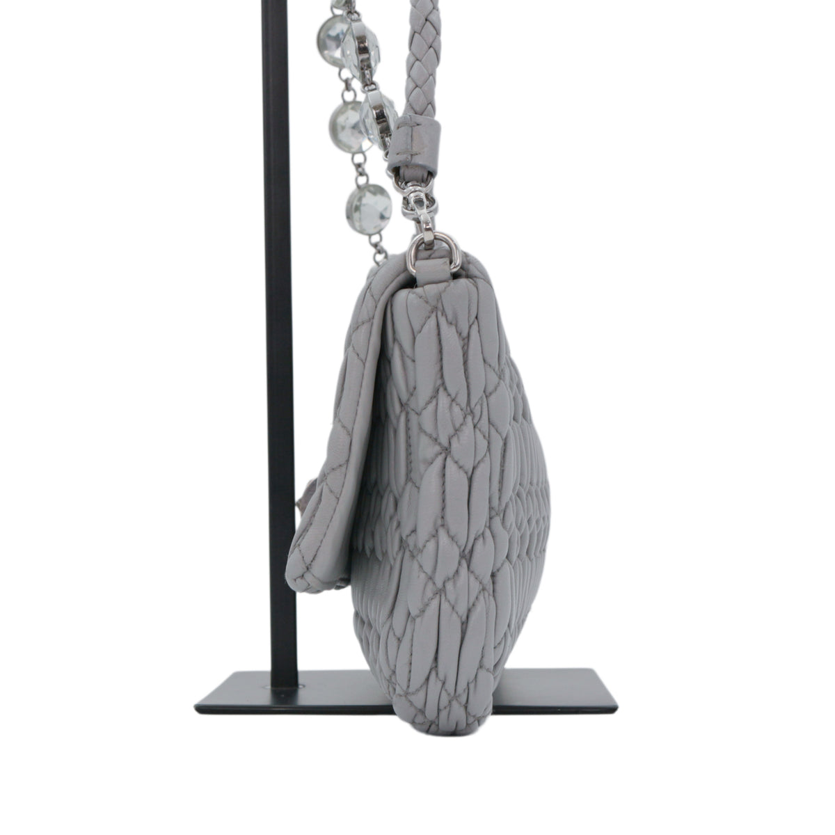 MIU MIU Grey Blue Matelassé Leather Crystal Embellished Shoulder Bag [Used]