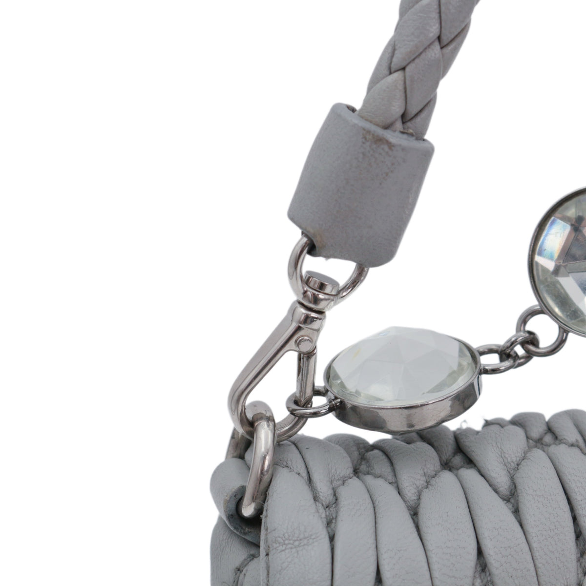 MIU MIU Grey Blue Matelassé Leather Crystal Embellished Shoulder Bag [Used]