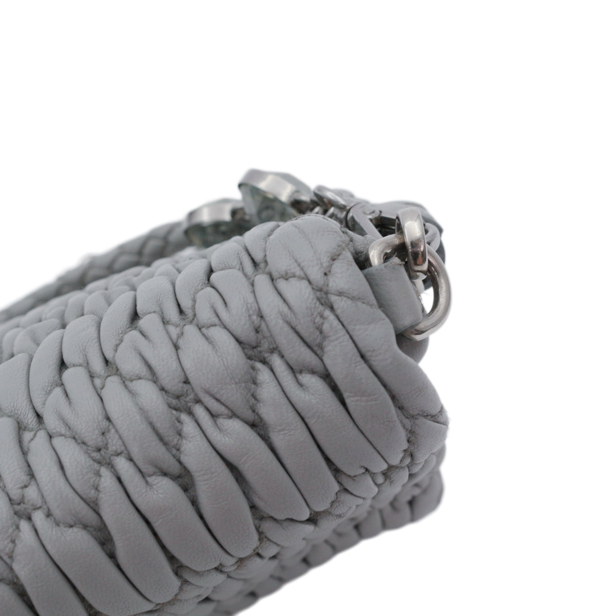 MIU MIU Grey Blue Matelassé Leather Crystal Embellished Shoulder Bag [Used]