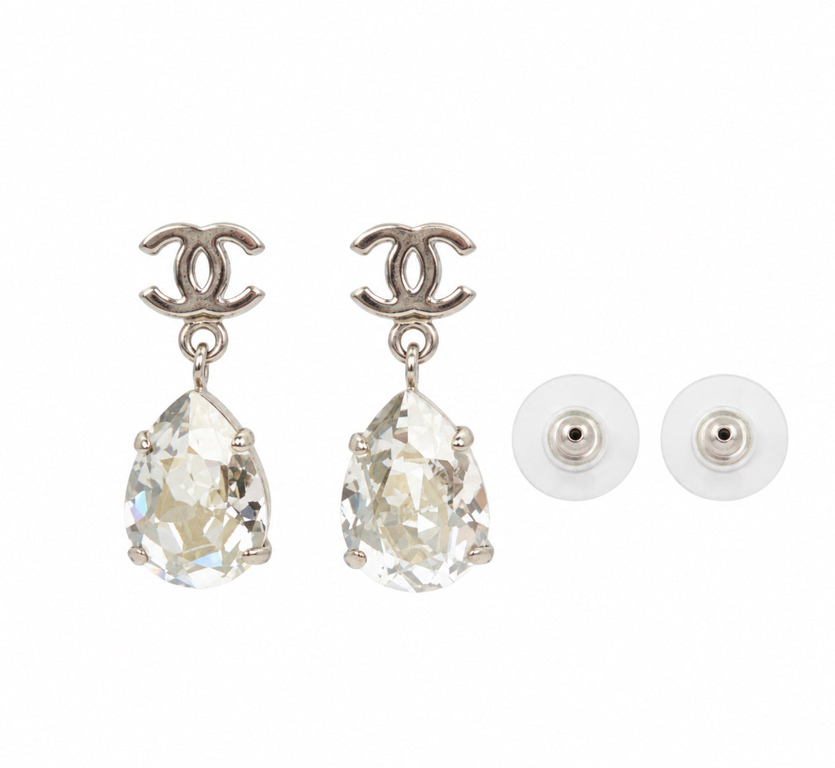 CHANEL Silver-Tone CC Logo Crystal Teardrop Drop Earrings A12 [Used]