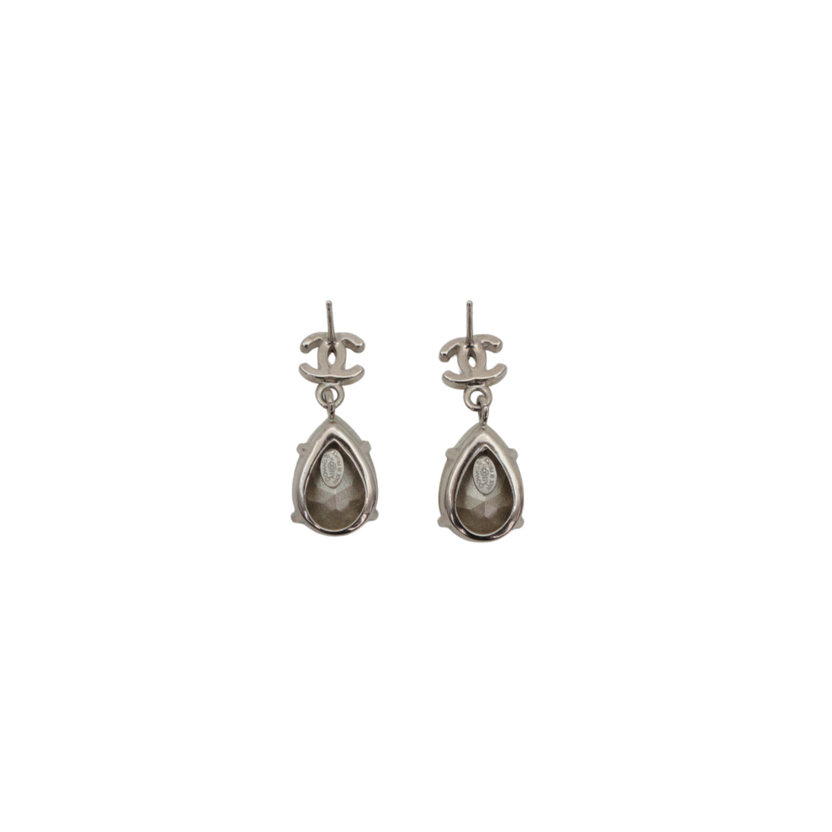 CHANEL Silver-Tone CC Logo Crystal Teardrop Drop Earrings A12 [Used]