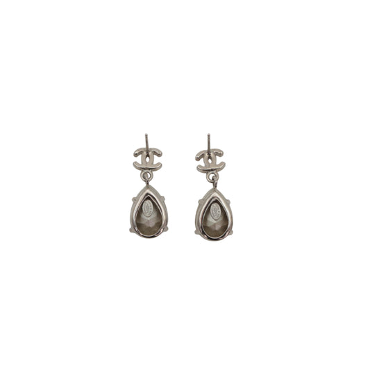 CHANEL Silver-Tone CC Logo Crystal Teardrop Drop Earrings A12 [Used]
