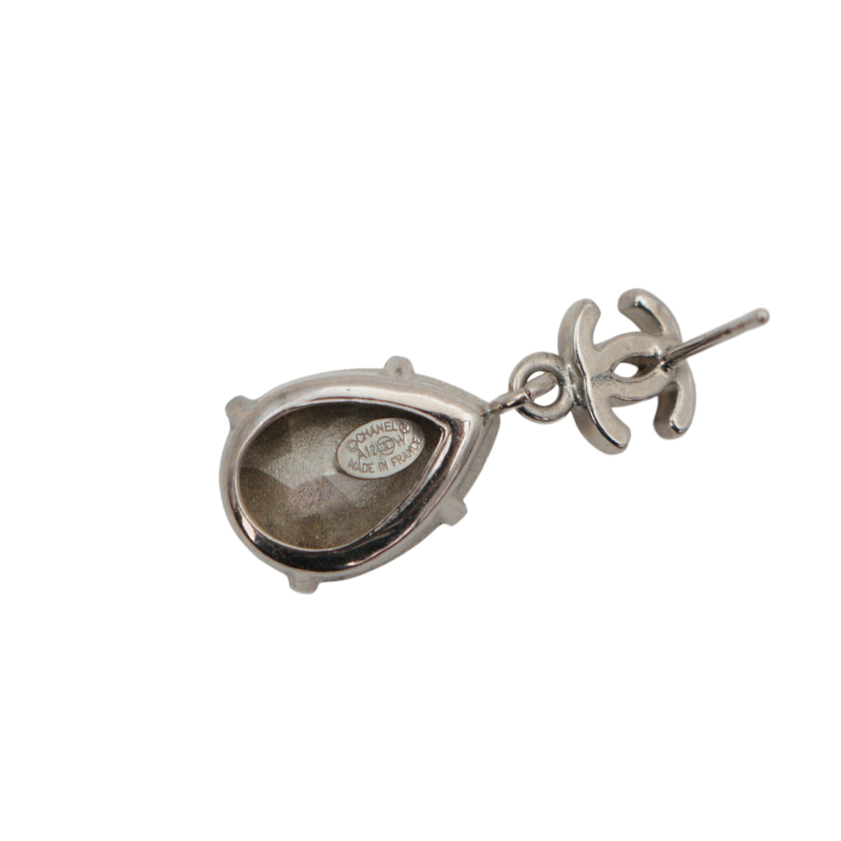 CHANEL Silver-Tone CC Logo Crystal Teardrop Drop Earrings A12 [Used]