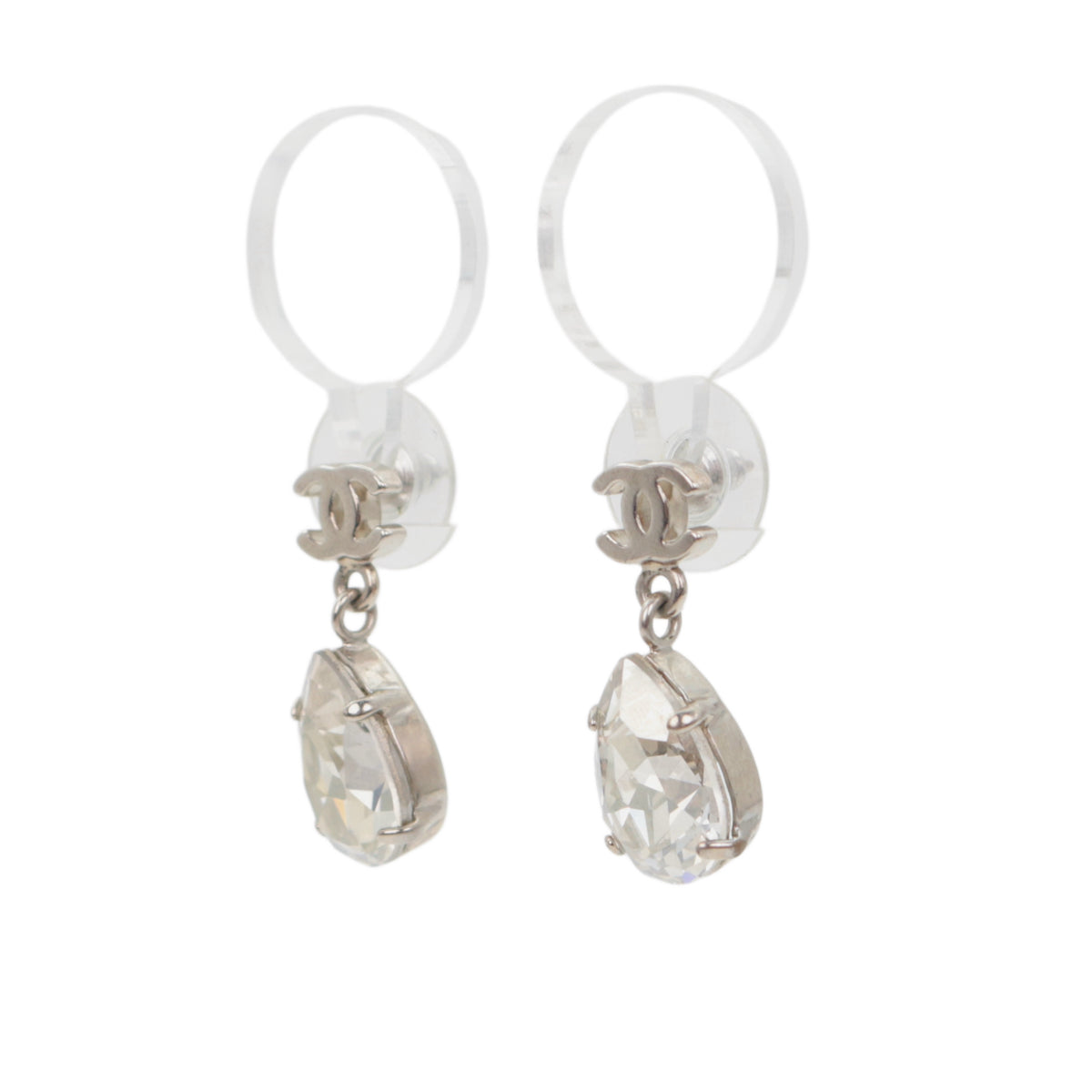 CHANEL Silver-Tone CC Logo Crystal Teardrop Drop Earrings A12 [Used]
