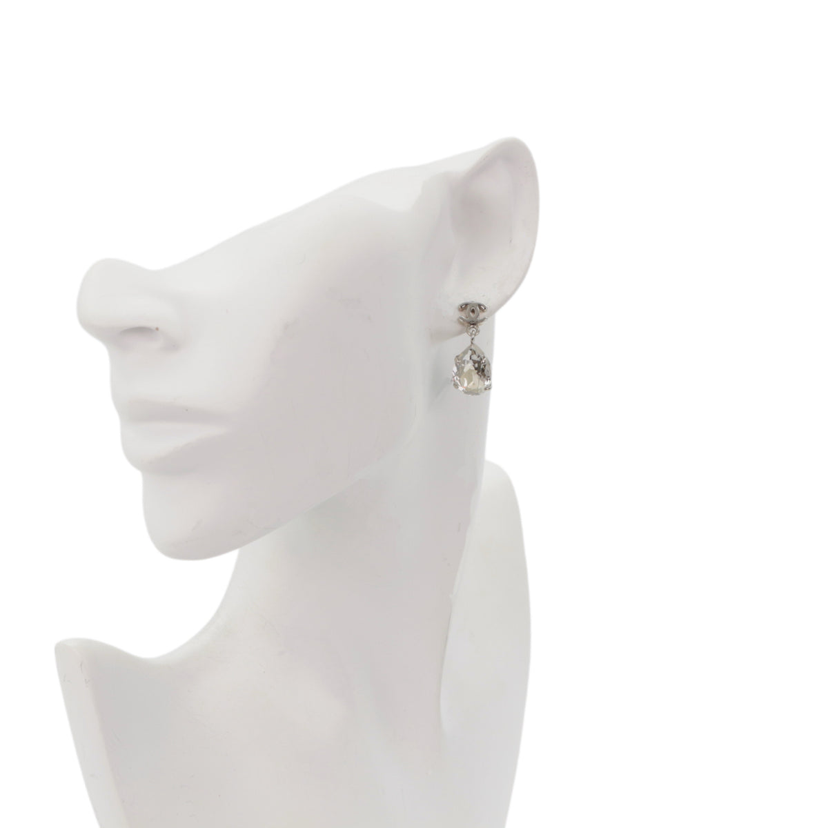 CHANEL Silver-Tone CC Logo Crystal Teardrop Drop Earrings A12 [Used]