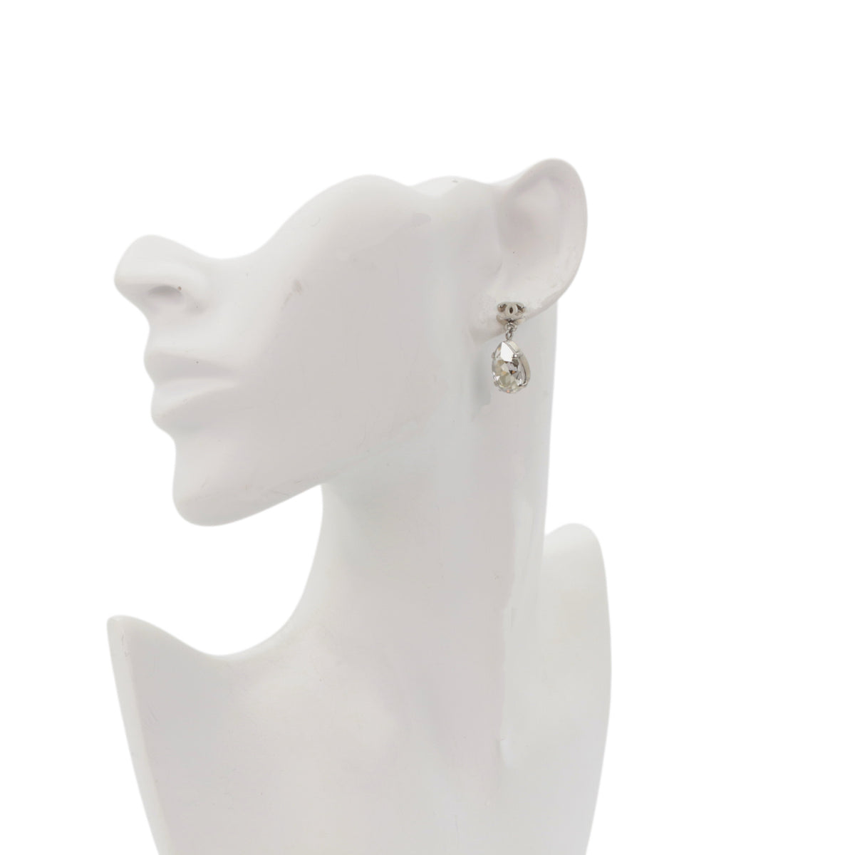 CHANEL Silver-Tone CC Logo Crystal Teardrop Drop Earrings A12 [Used]