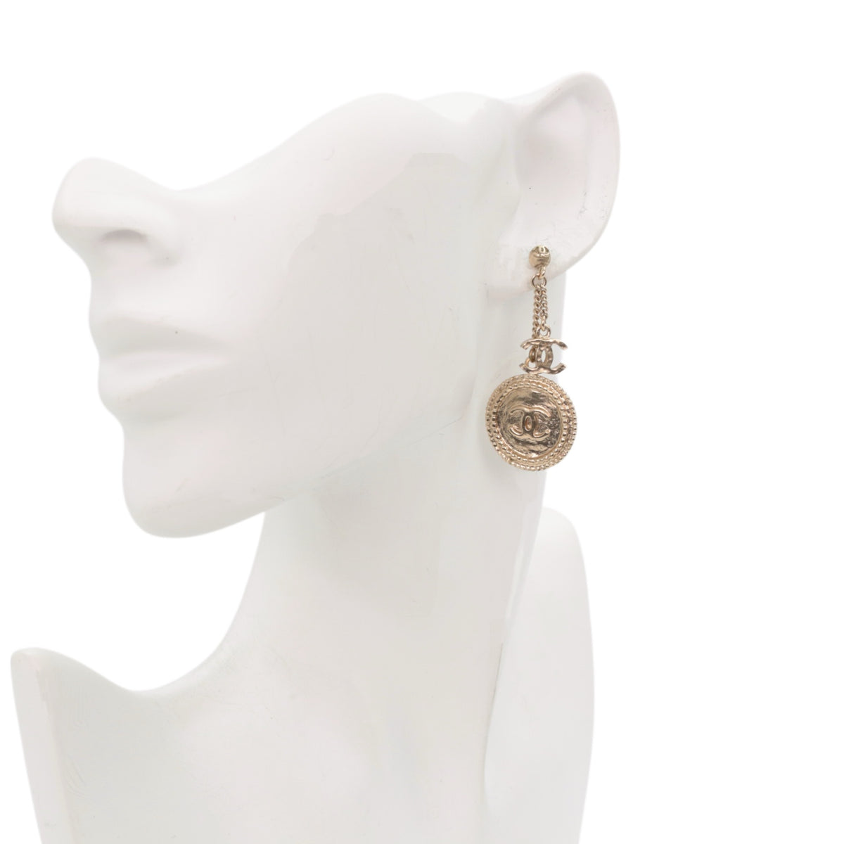 CHANEL Light Gold-Tone CC Logo Coin Drop Earrings [Used]