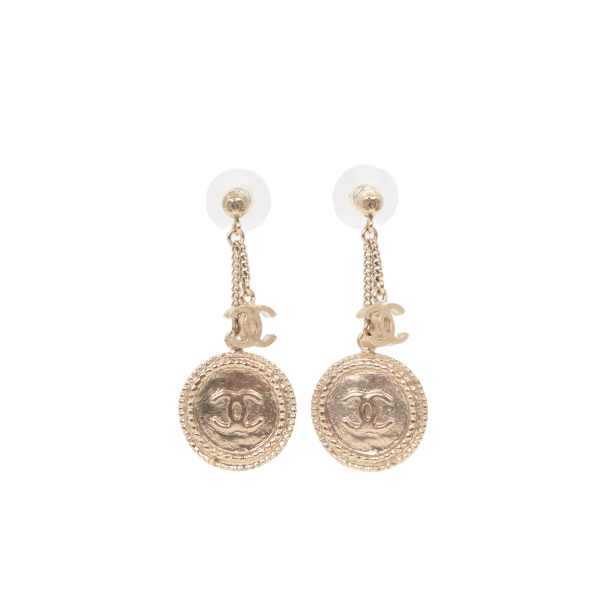 CHANEL Light Gold-Tone CC Logo Coin Drop Earrings [Used]