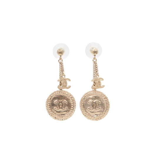 CHANEL Light Gold-Tone CC Logo Coin Drop Earrings [Used]
