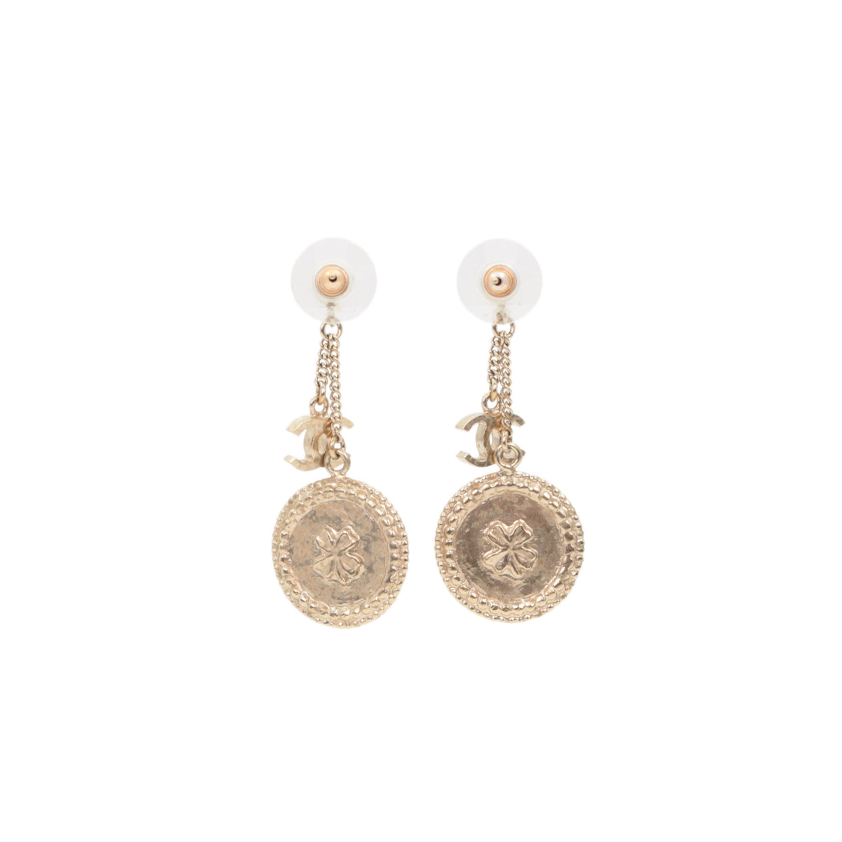 CHANEL Light Gold-Tone CC Logo Coin Drop Earrings [Used]