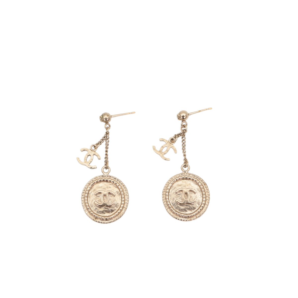 CHANEL Light Gold-Tone CC Logo Coin Drop Earrings [Used]