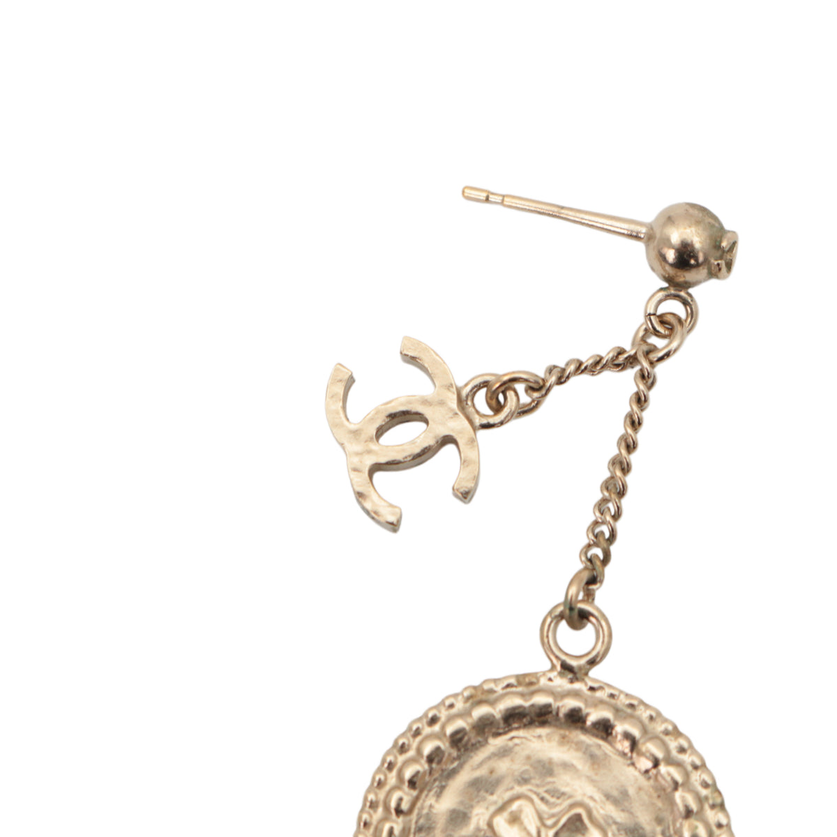 CHANEL Light Gold-Tone CC Logo Coin Drop Earrings [Used]