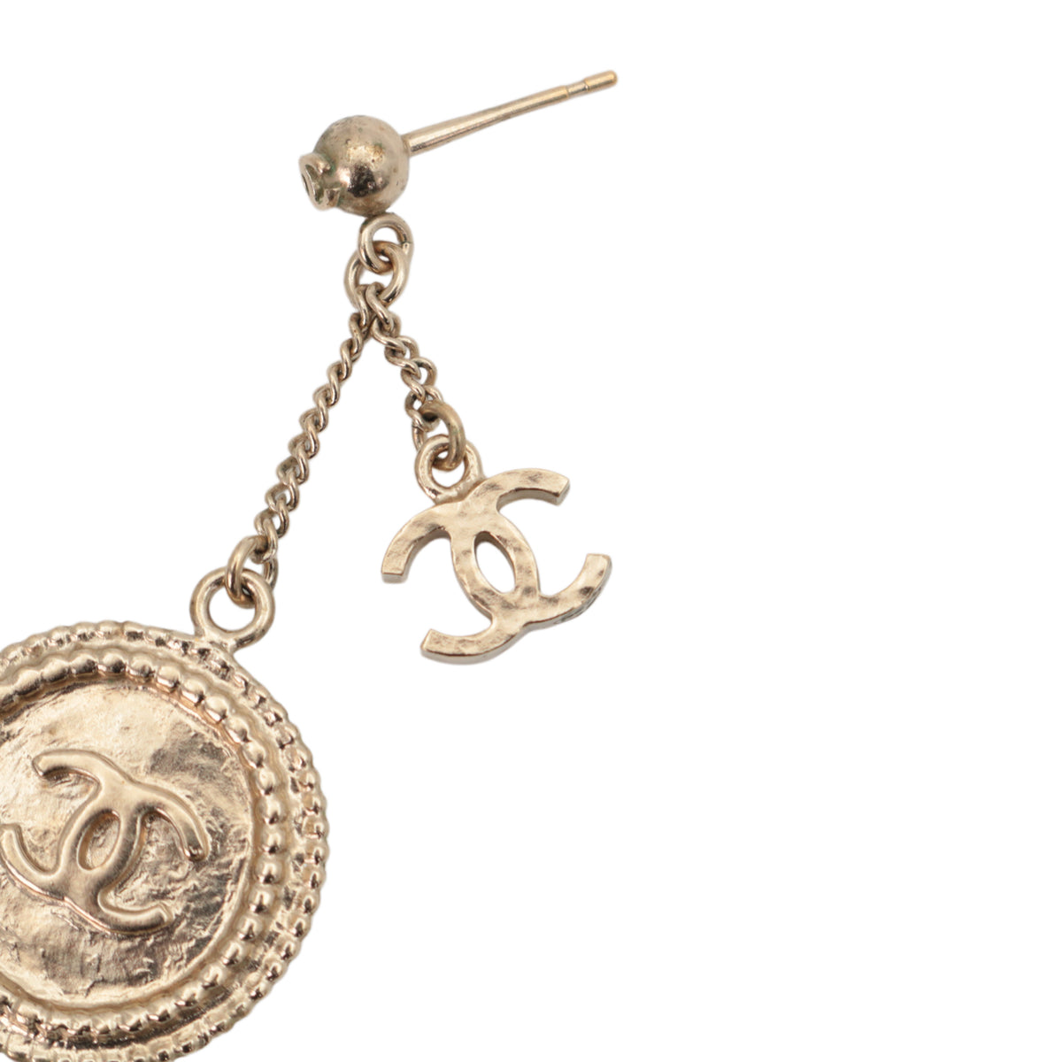 CHANEL Light Gold-Tone CC Logo Coin Drop Earrings [Used]