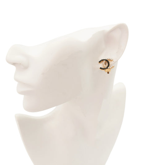 CHANEL Black & White Faux Pearl Rhinestone Clip-On Earrings [Used]