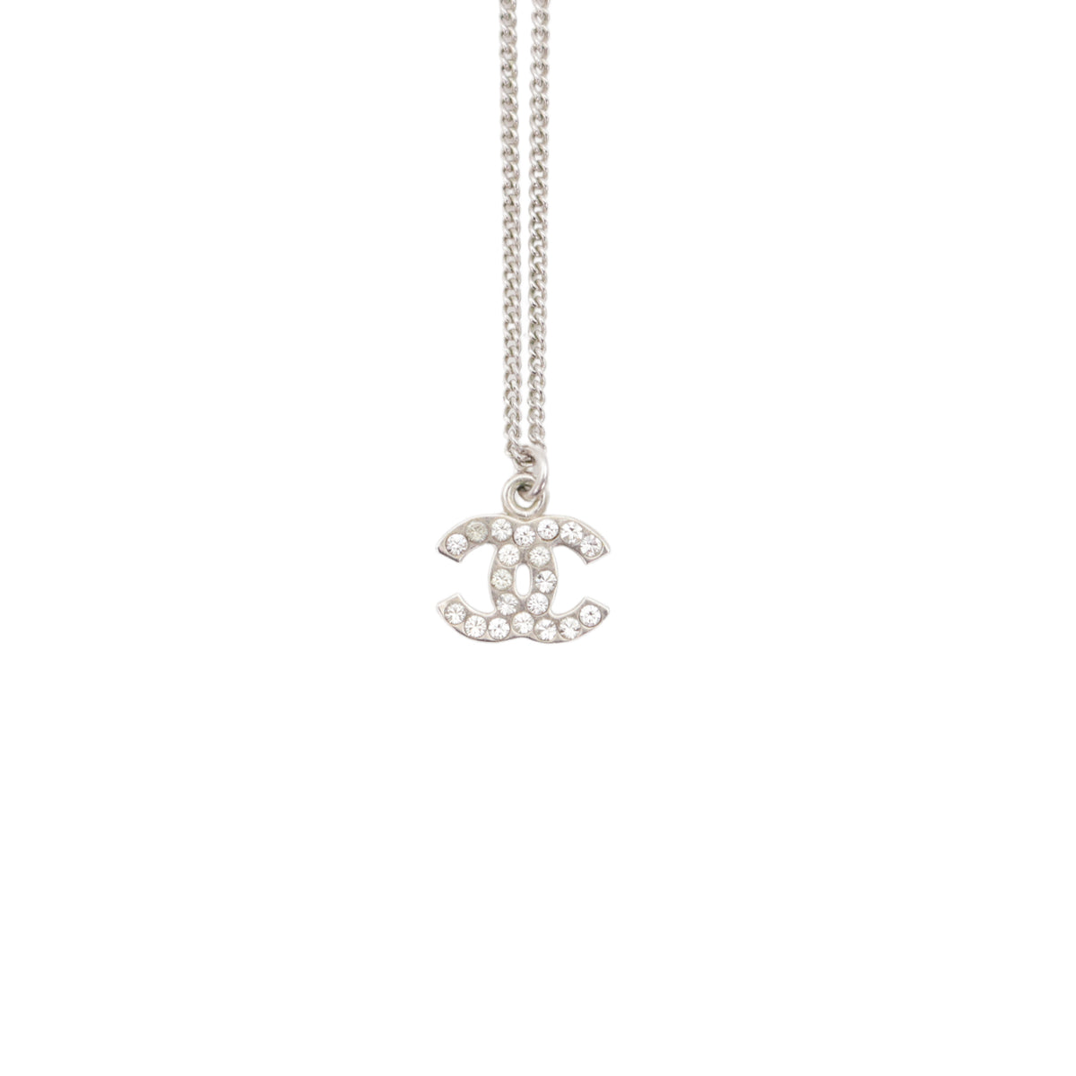 CHANEL 05V Silver-Tone CC Rhinestone Pendant Necklace [Used]