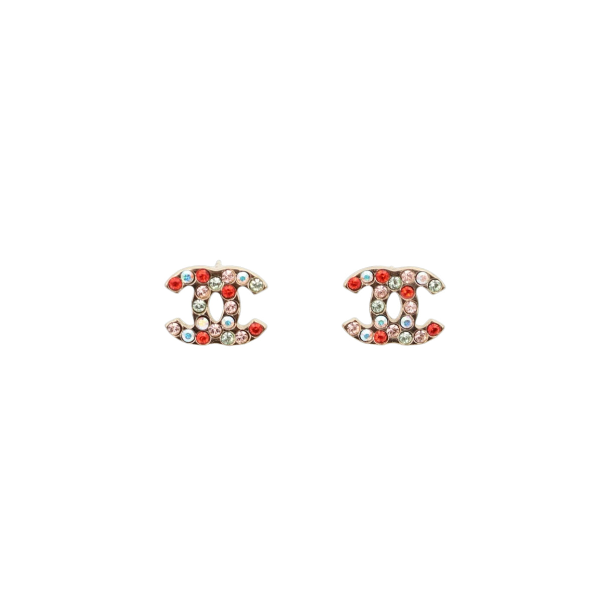 CHANEL 04A Gold-Tone Multicolor Rhinestone CC Stud Earrings [Used]