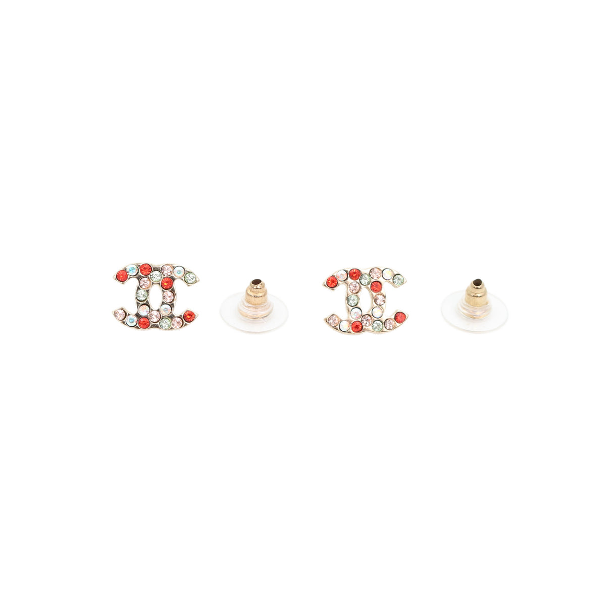 CHANEL 04A Gold-Tone Multicolor Rhinestone CC Stud Earrings [Used]