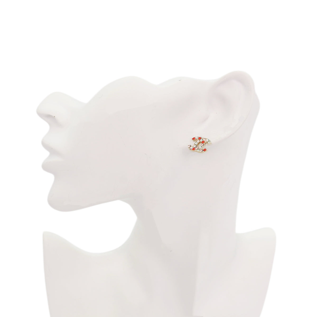 CHANEL 04A Gold-Tone Multicolor Rhinestone CC Stud Earrings [Used]