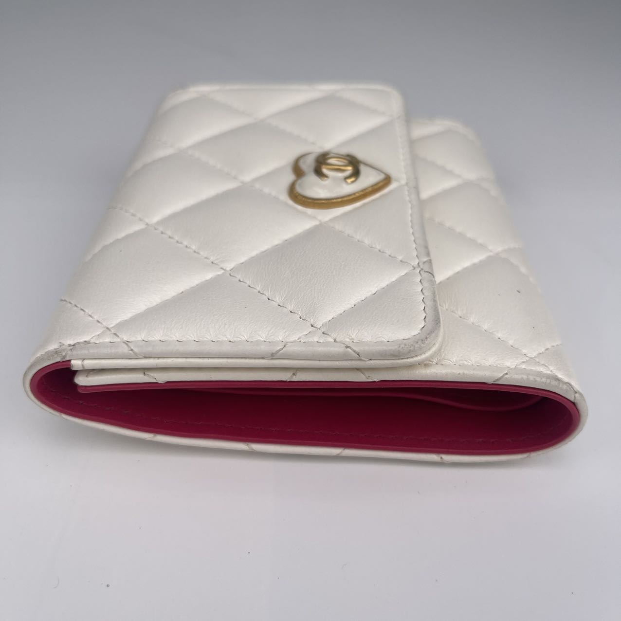 Chanel Pink Lambskin Heart Enamel Button Tri-Fold Wallet [used]