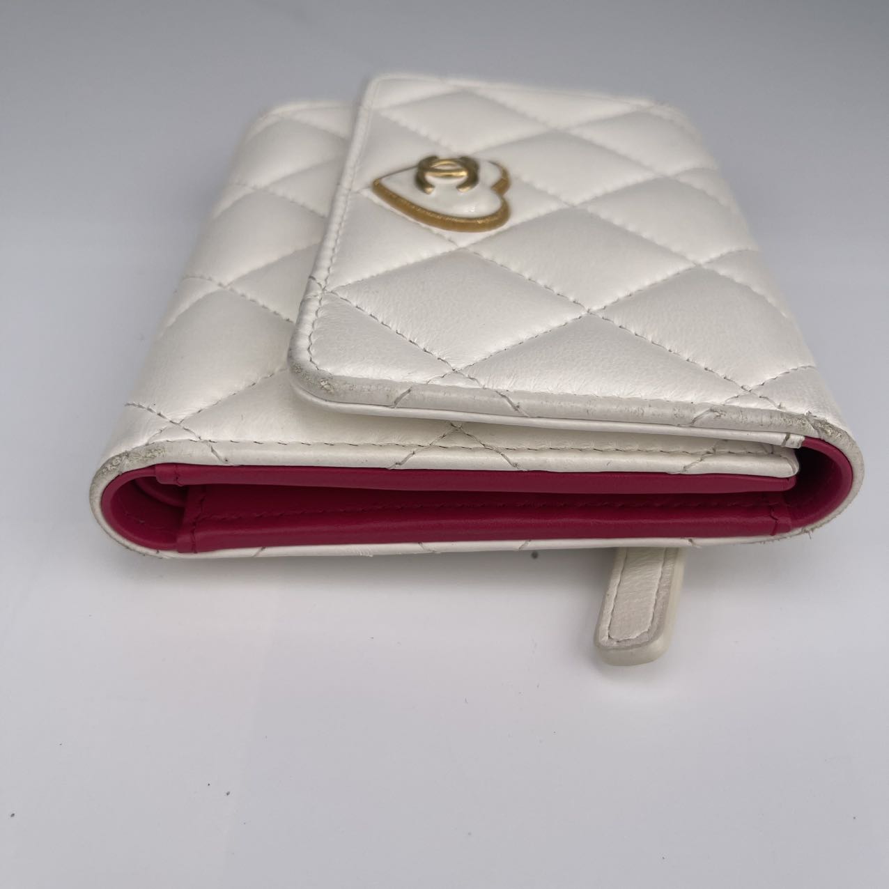 Chanel Pink Lambskin Heart Enamel Button Tri-Fold Wallet [used]