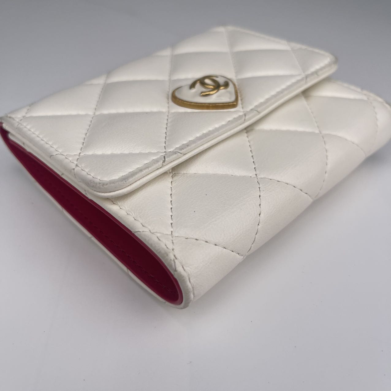 Chanel Pink Lambskin Heart Enamel Button Tri-Fold Wallet [used]