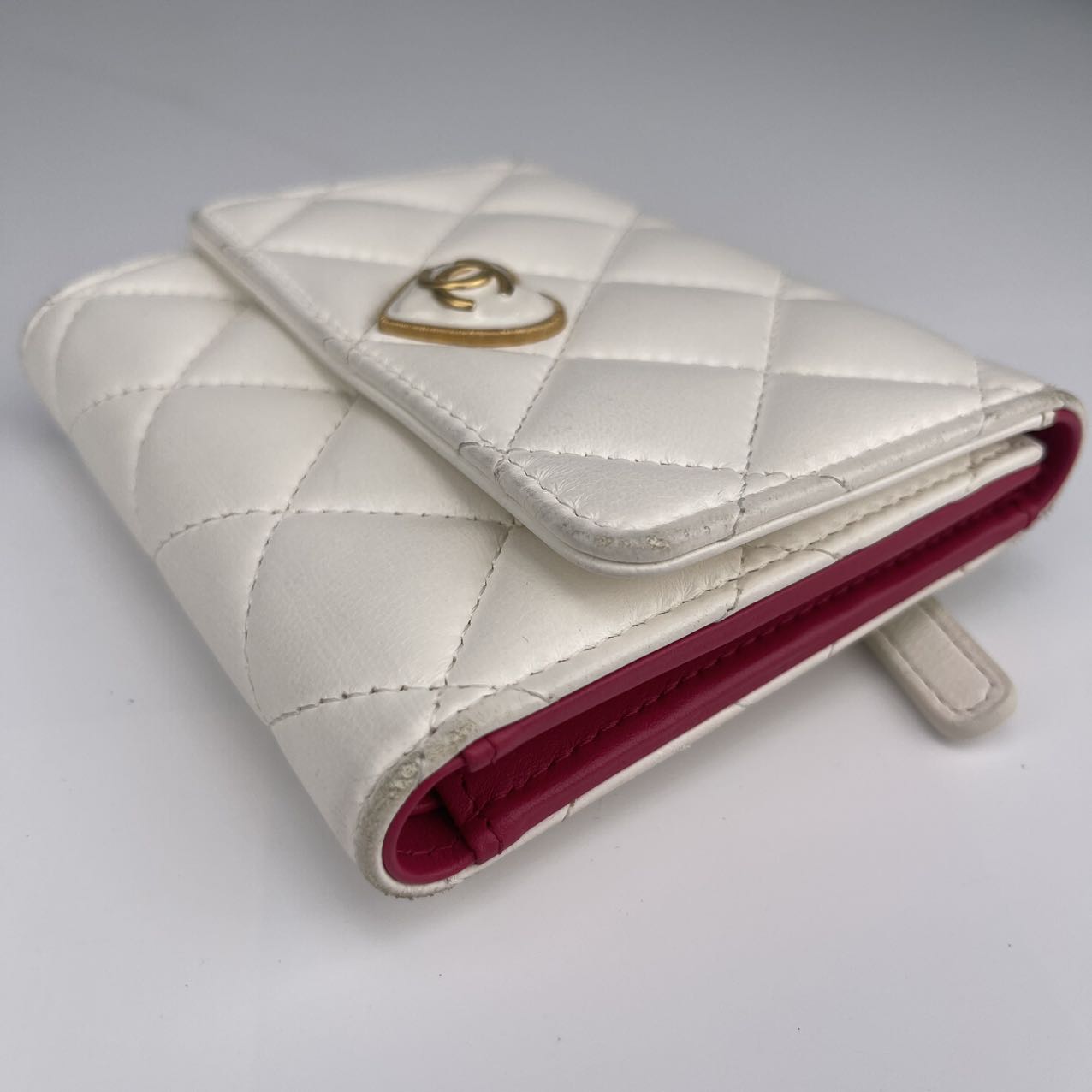 Chanel Pink Lambskin Heart Enamel Button Tri-Fold Wallet [used]