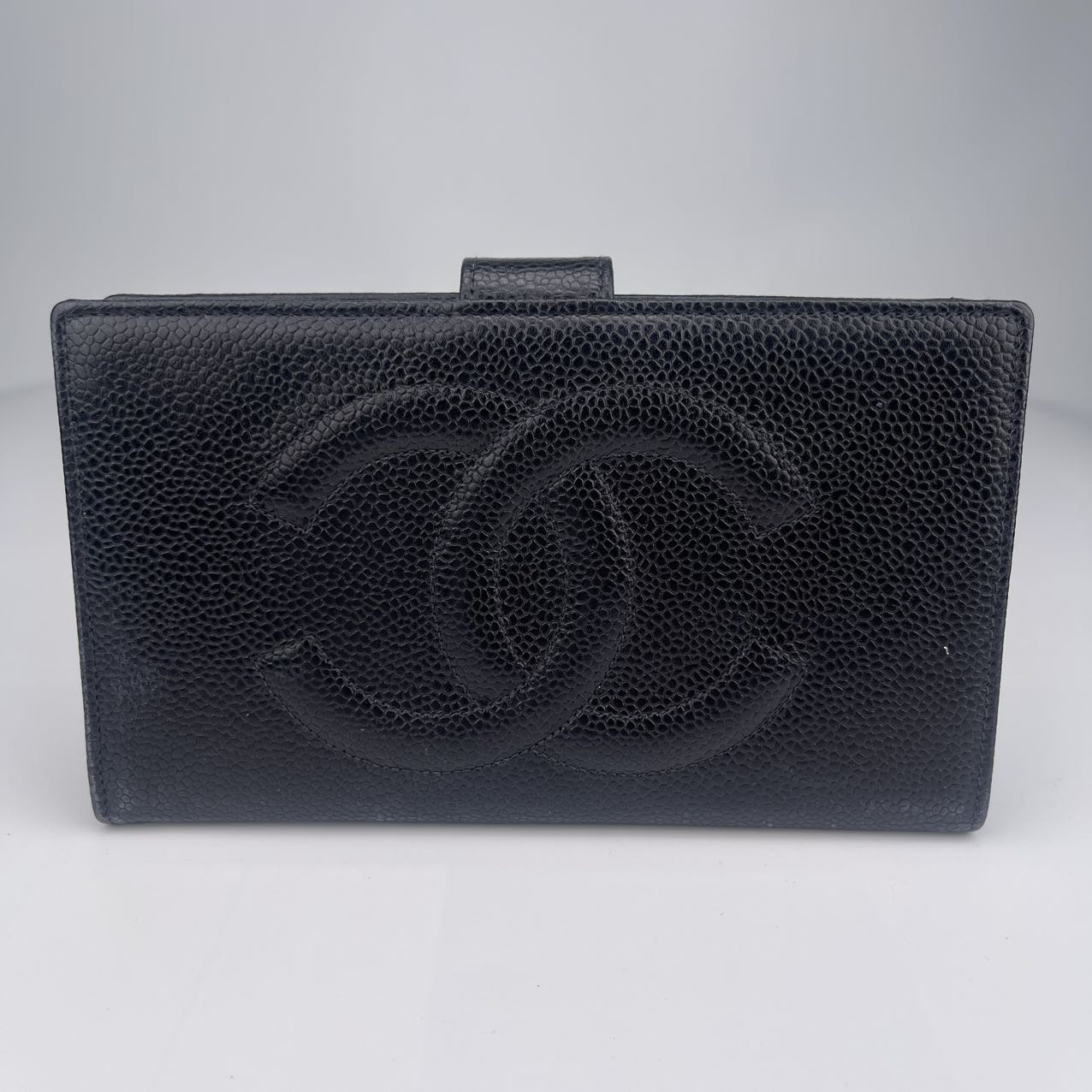 Chanel Black Cowhide Large Embossed Logo Press Button Long Wallet [used]