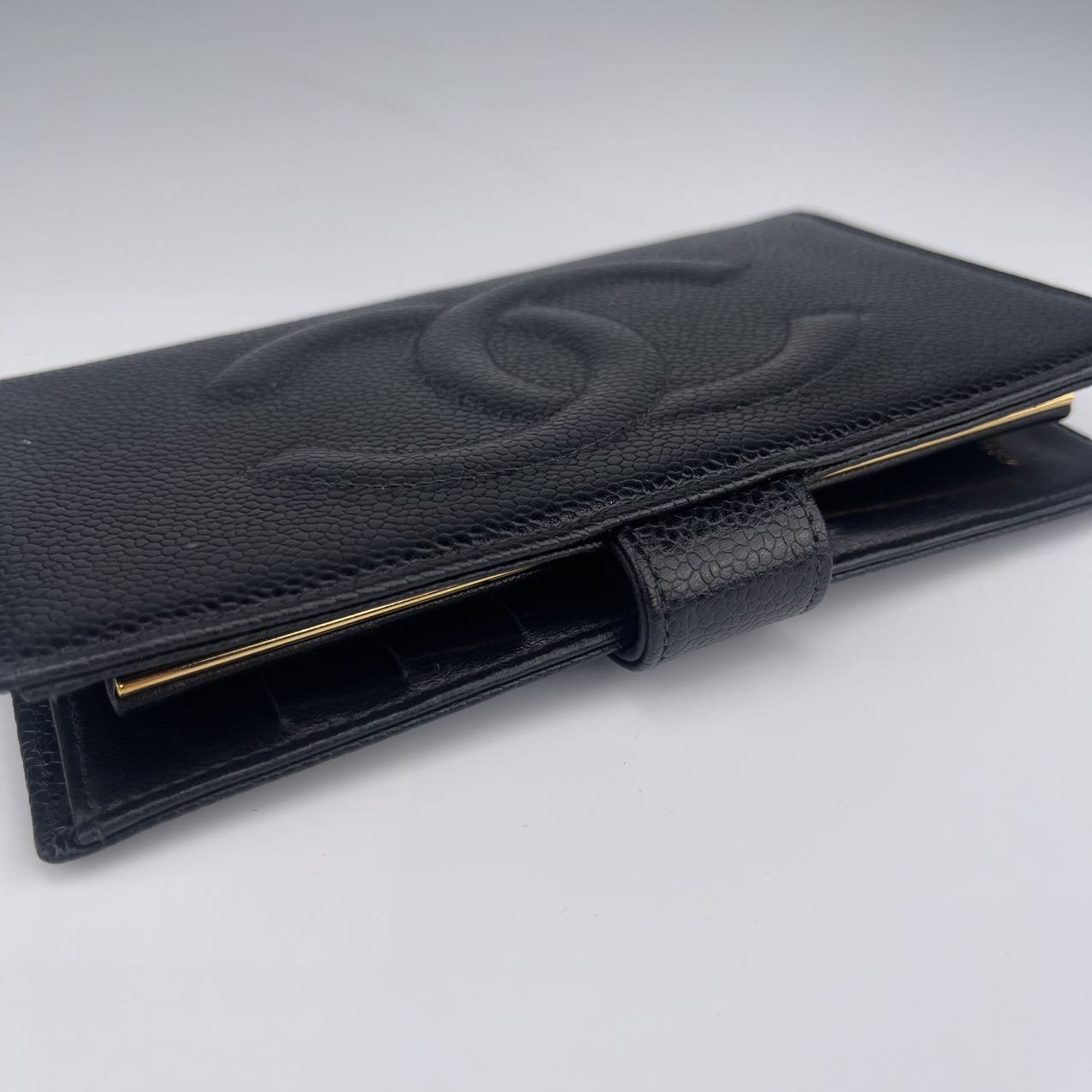 Chanel Black Cowhide Large Embossed Logo Press Button Long Wallet [used]