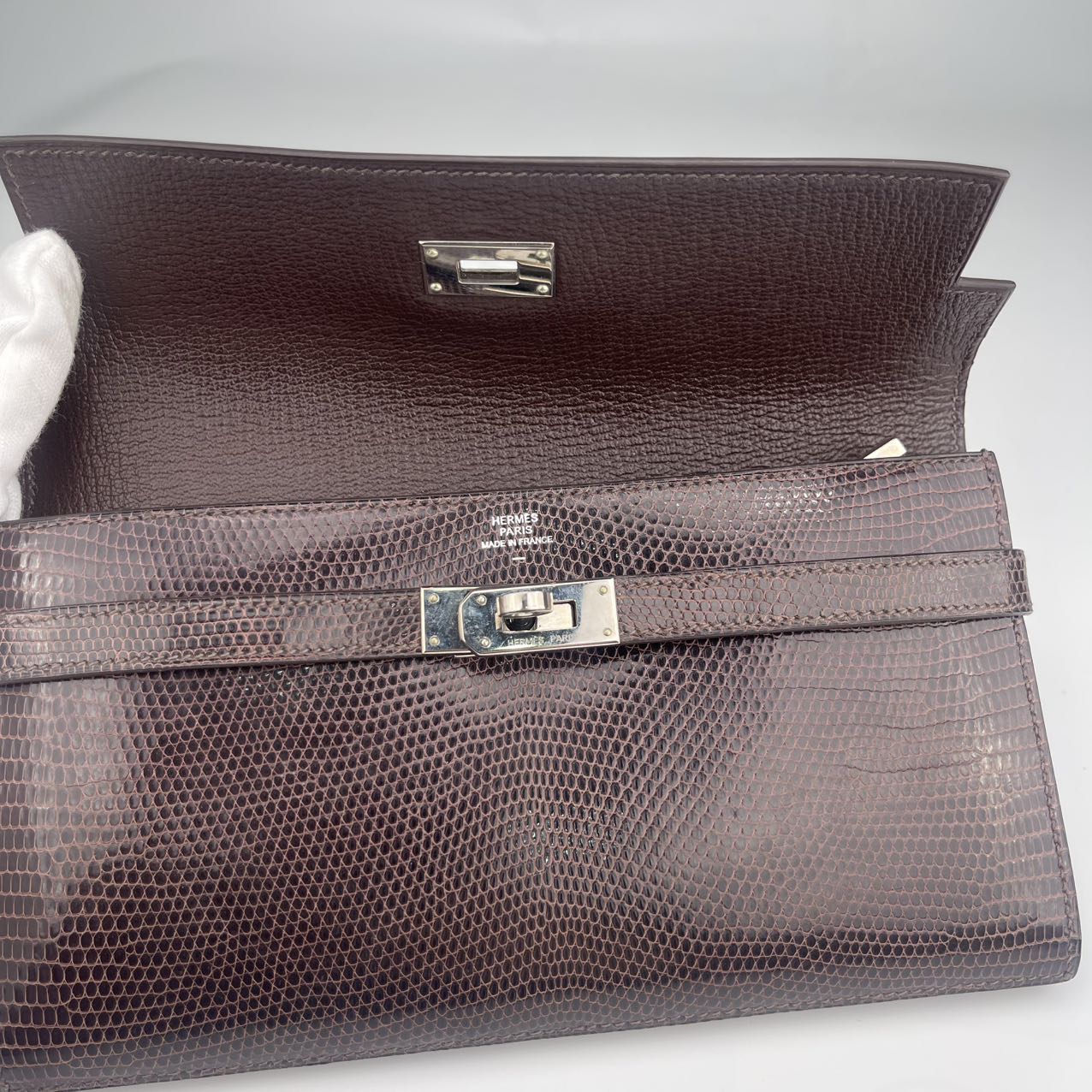 Hermès Lizard Skin Ebony Color Silver Buckle Kelly Wallet Clutch[used]