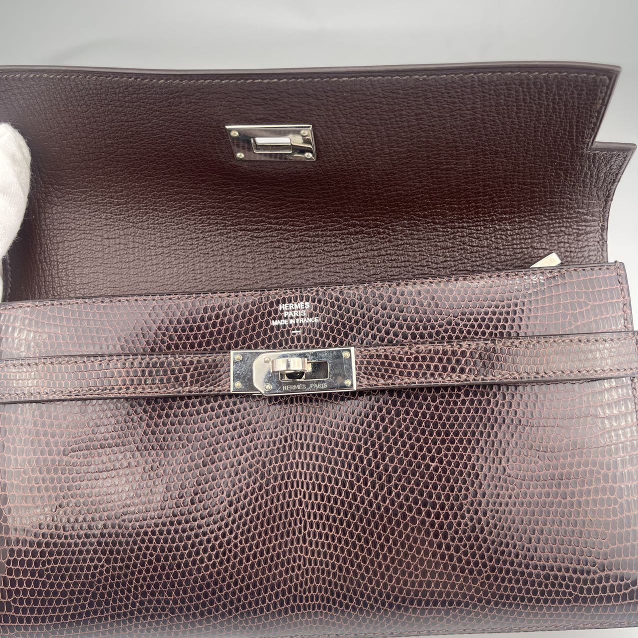 Hermès Lizard Skin Ebony Color Silver Buckle Kelly Wallet Clutch[used]