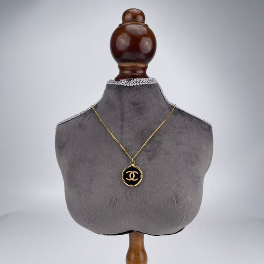 Chanel Black and Gold Shield Pendant Necklace[used]