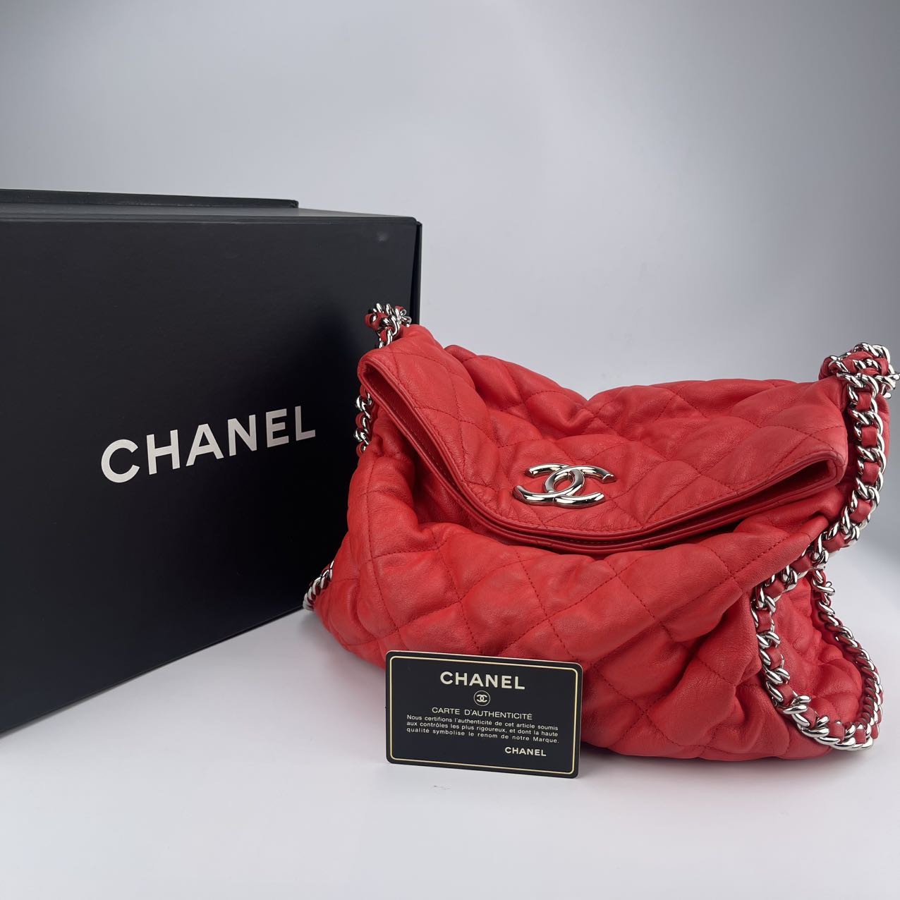Chanel Red Calfskin Leather Edge Detail Multi-Chain Airport Bag[used]