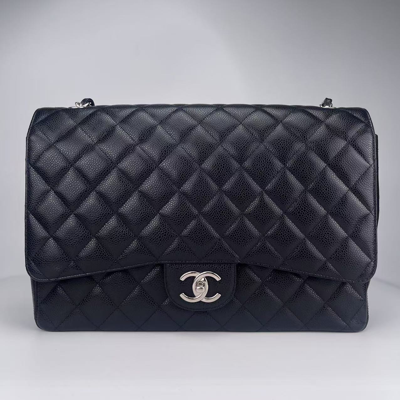 Chanel Classic Double Flap Maxi Black Silver Caviar Skin[used]